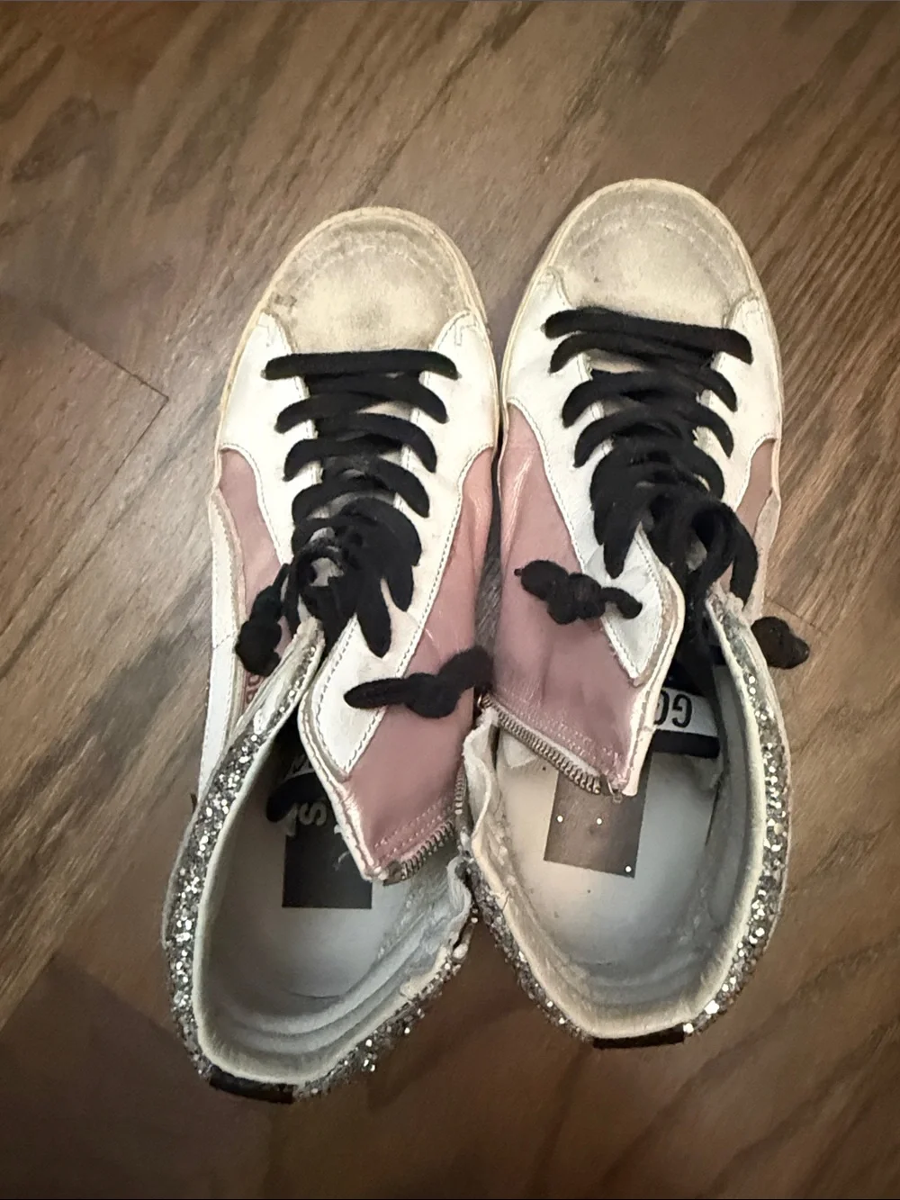 Golden Goose Pink, White & Black High-Top Sneakers with Glitter Heel - Picture 3 of 6